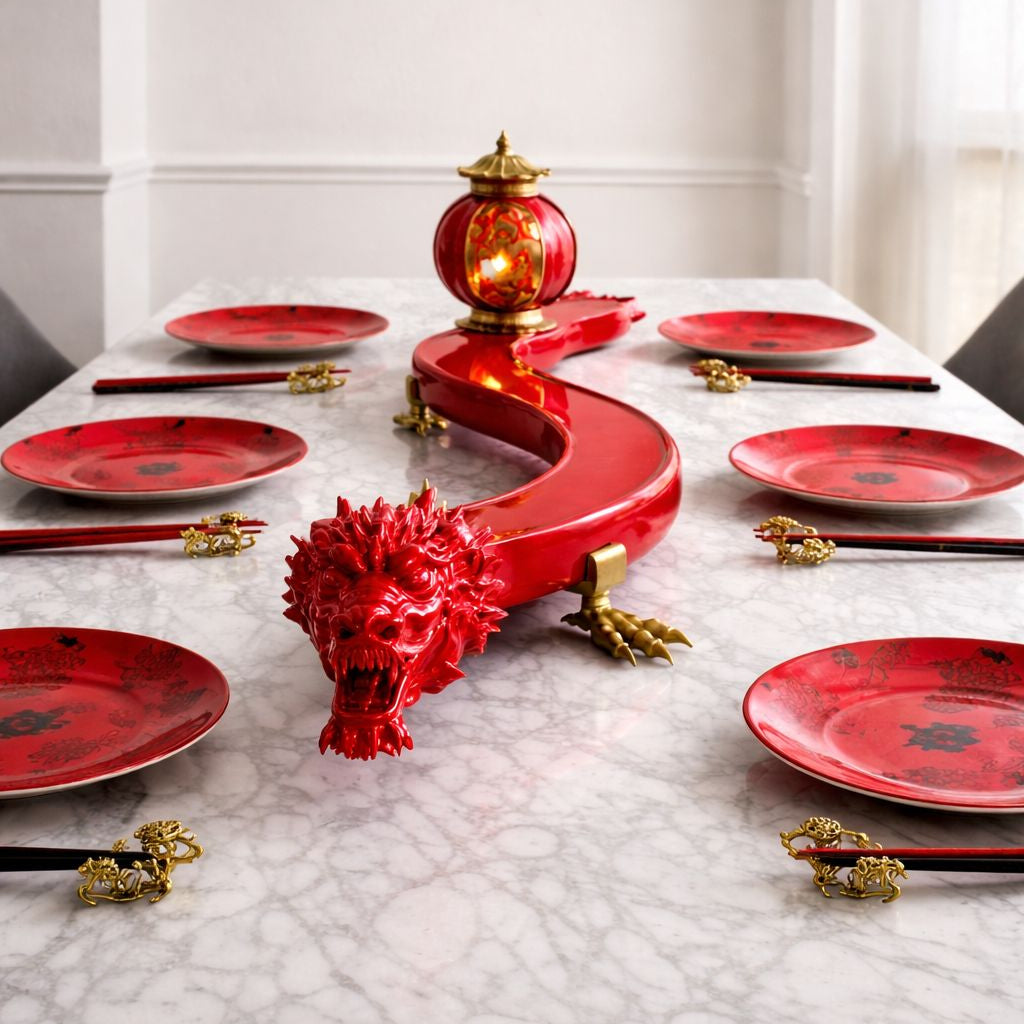 Dining table set with red plates and decorative items on a white marble surface.